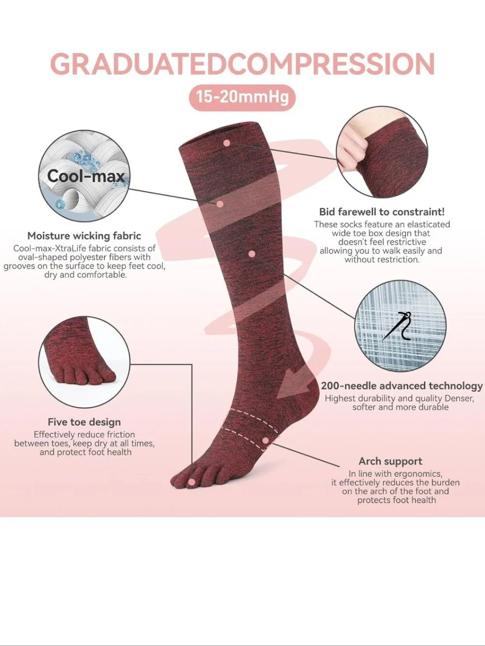 cool-max Compression Toe Socks for Women 15mmHg Circulation Support Socks Medium